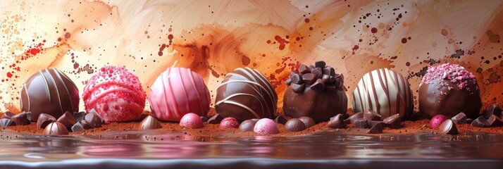 Assorted chocolate candies against coffee splashes