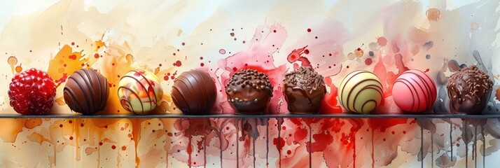 Chocolate pralines lineup with colorful splashes