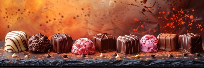 Assorted chocolate pralines on moody backdrop