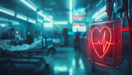 Amazing of an automated external defibrillator in use with Glow HUD big Icon of electrical pulse