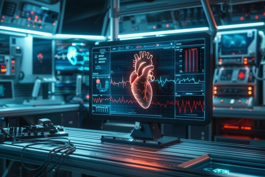Amazing of an echocardiogram machine in action with Glow HUD big Icon of a dynamic heart image