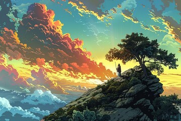 Picture a cartoon illustration depicting Abraham and Isaac embarking on their journey to the mountaintop, conveying a blend of determination and apprehension in their expressions