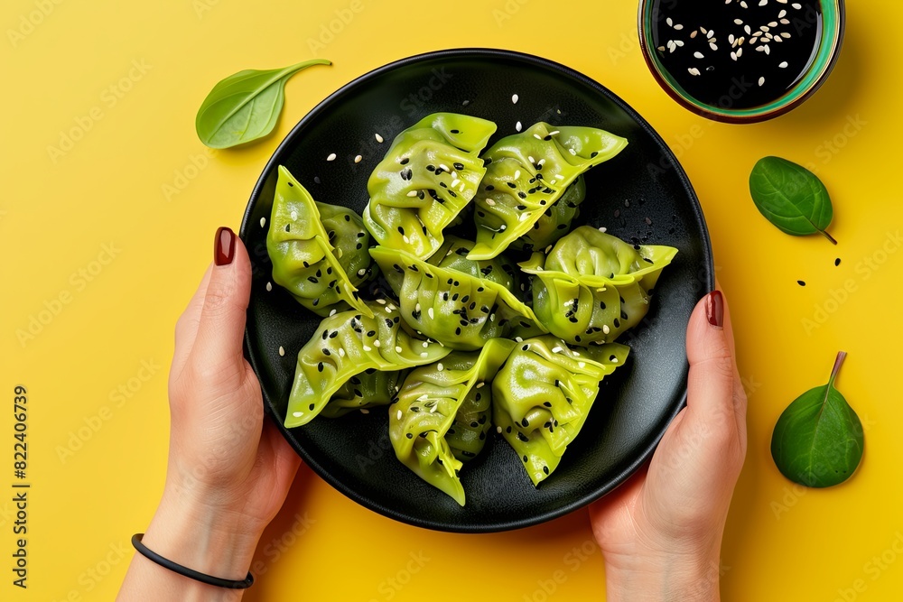 Canvas Prints Female hands holding a modern black plate with vibrant green vegan dumplings, served with a side of soy sauce and sesame seeds. Yellow background.