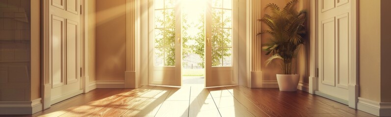 Fototapeta premium Sunlight shining through a window onto a wooden floor in a room, real estate concept
