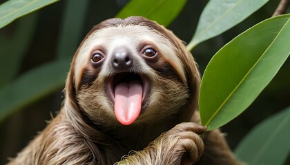 Naklejka premium A Sloth With Its Tongue Out Licking Moisture From