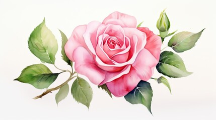 Flower pink rose watercolor, green leaves on white backgrounds