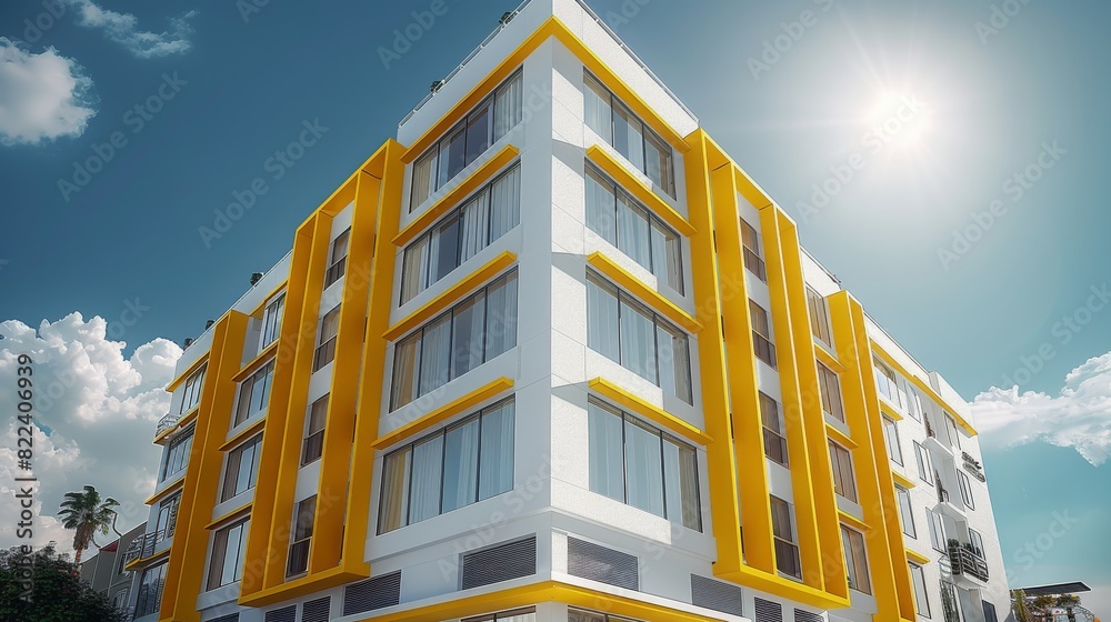 Poster exterior view, modern small-tower-hotel, white and yellow details. generative ai.