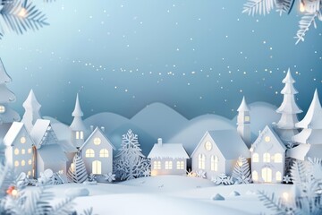 Fototapeta premium Christmas is celebrated on a 3D product display background with a snowy village and twinkling lights, using paper art styles, and framed as a kawaii template with copy space