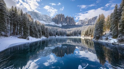 A secluded mountain lake reflecting the azure sky above, surrounded by towering evergreen trees dusted with snow. 32k, full ultra HD, high resolution