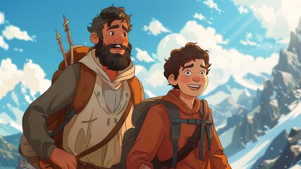 Fototapeta premium Picture a cartoon illustration depicting Abraham and Isaac embarking on their journey to the mountaintop, conveying a blend of determination and apprehension in their expressions
