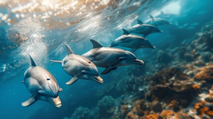 Naklejka premium Curious Creatures ~ A friendly group of Hawaiian Spinner dolphins come in for a closer look.