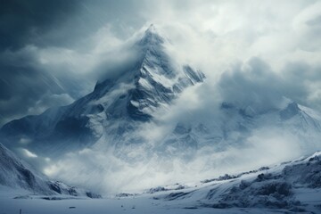 The majestic snow-covered mountain peak in winter. Creating a serene and tranquil landscape with dramatic mist and cold ice at high altitude