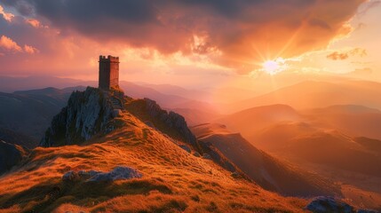 Fototapeta premium a lonely tower that stands on the border of a mountain range during sunset
