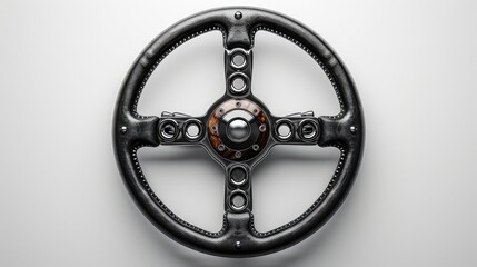 Obraz premium Close-Up View of a Driver’s Steering Wheel Isolated on a White Background, Highlighting the Details and Design
