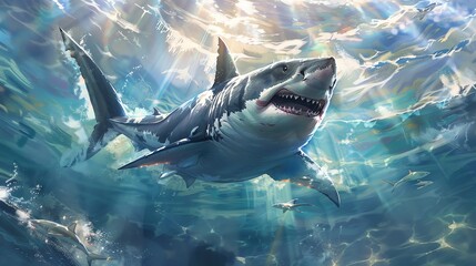 Majestic shark swimming in sun-drenched ocean waters.