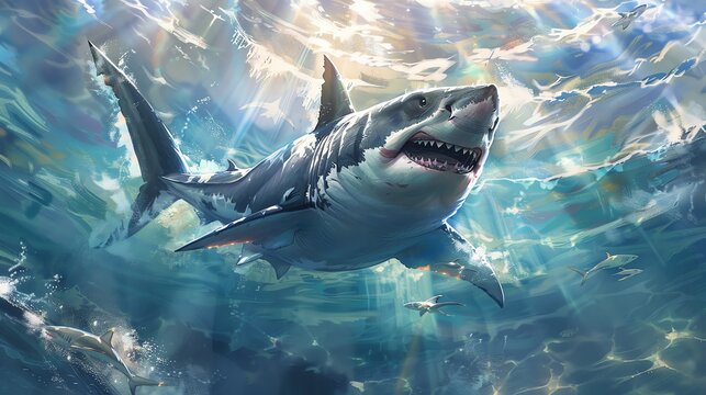 Majestic shark swimming in sun-drenched ocean waters.