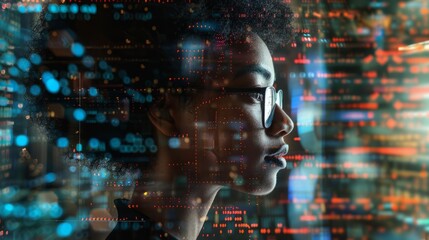 AI cyber security threat illustration, black african american female IT specialist analysing data information technology, augmented reality artificial intelligence collage, side profile, copy space