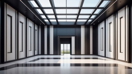 Fototapeta premium A bright, modern corridor with a checkered floor and a skylight. The design is sleek and inviting, emphasizing a contemporary aesthetic