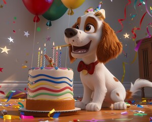 Adorable animated dog celebrating a joyful colorful birthday with balloons, confetti, cake, and candles in a festive scene