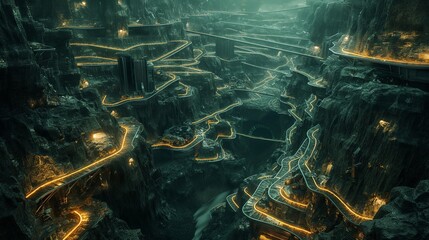 A subterranean cityscape carved by AI-powered tunneling machines, with glowing pathways winding through the underground labyrinth. 32k, full ultra HD, high resolution