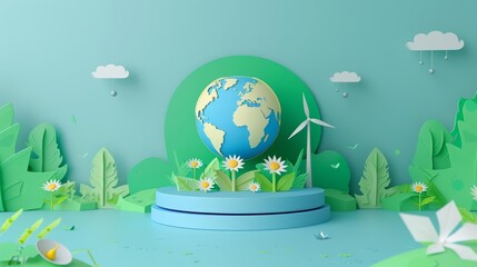 Naklejka premium Earth Day uses a 3D product stand podium to display a globe surrounded by renewable energy sources, styled in paper cut fashion, as an ecofriendly banner template
