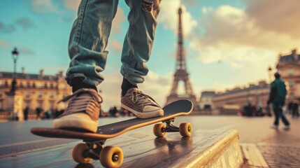 A person standing on a skateboard in front of the Eiffel Tower in Paris - Powered by Adobe
