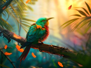 Vibrant Tropical Bird Perched Amidst Sunset Lighting and Silver Chaos in a Lush Setting