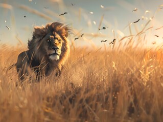 Majestic Lion Stalks Through Savanna with Sunset Lighting and Dusty Piles in Style