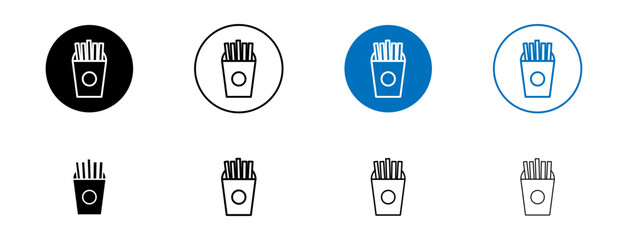 French fries icon set. potato fries bag vector symbol. fried chips cone snack icon in black and blue color.