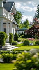 Fototapeta premium Lawn with bushes and bushes in front of a house