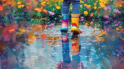 A child wearing colorful rain boots is splashing in puddles on a spring day, with flowers blooming in the background,