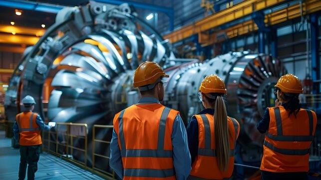 Hydroelectric Plant Operators Overseeing Massive Generators in Turbine Hall