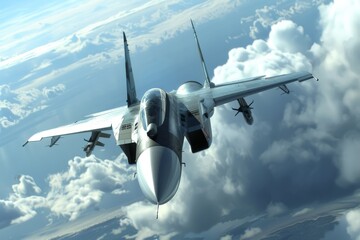 Military Fighter Jet Banking Over Cloudy Skies, Tactical Flight Maneuver