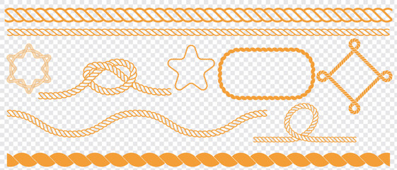 Nautical rope knots and frames. Swaying yellow  nautical rope border. Vector isolated on transparent background. eps 10. © Quirk Craft Studio
