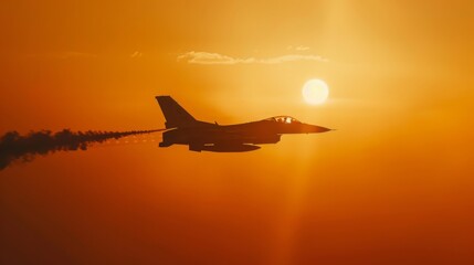 Fototapeta premium Fighter Jet Silhouette at Sunset, High-Altitude Military Flight