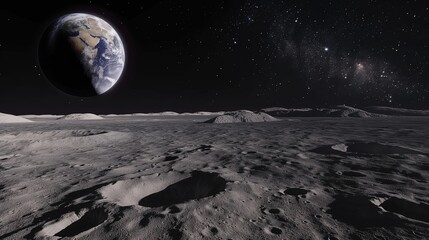 A surreal lunar landscape, with rugged craters and barren plains stretching to the horizon, bathed in the soft glow of Earthrise, against a backdrop of infinite space and distant stars. 