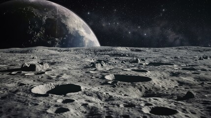 A surreal lunar landscape, with rugged craters and barren plains stretching to the horizon, bathed in the soft glow of Earthrise, against a backdrop of infinite space and distant stars. 