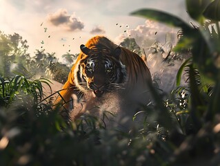 Majestic Tiger Stalks Through Lush Overgrown Jungle amidst Dusty Sunset Illumination in Trace Monotone Style