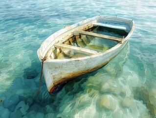 Obraz premium A solitary white boat floats on crystal clear turquoise water, reflecting its serene, calm, and peaceful surrounding environment.