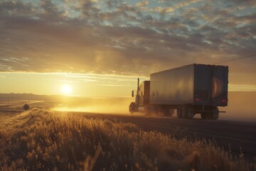 Semi-truck driving on highway at sunset
