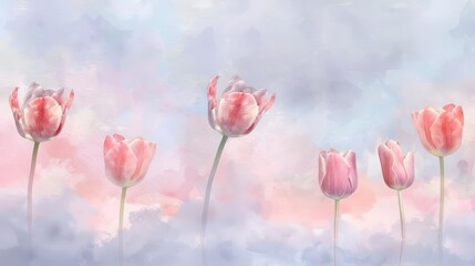 Fototapeta premium Set of watercolor of tulips, rendered in soft pastels, floating dreamily above a whimsical, cloudy sky