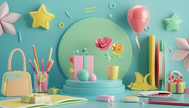 Teacher Appreciation Day is depicted with a 3D round podium for showcasing handmade gifts and school supplies, in retro styles, formatted as a respectful synth wave illustration