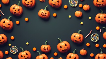 Halloween background with pumpkins and candies suitable for commercials with free space text media. Dark gray background with colorful objects in foreground halloween theme