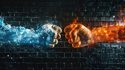 a fire and ice fist fighting each other on black brick wall background. Ultra realistic photography.