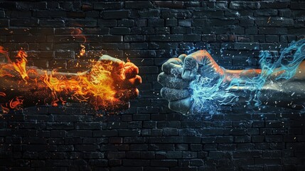 a fire and ice fist fighting each other on black brick wall background. Ultra realistic photography.