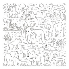 coloring book page illustration of a zoo scene with a variety of animals and their habitats.