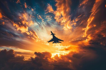 Fighter jet soaring above clouds at sunset