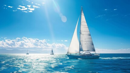 Yachts with pristine white sails navigating the vast expanse of the open sea