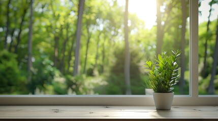 A wooden window sill with a potted plant in a living room and a green nature view through the window