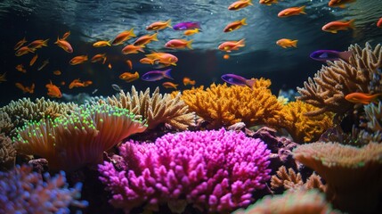 A vibrant coral reef teeming with life, neon-colored fish darting among intricate formations of coral beneath the shimmering surface of the sea. 32k, full ultra HD, high resolution